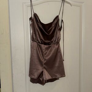 Open back satin romper with tags